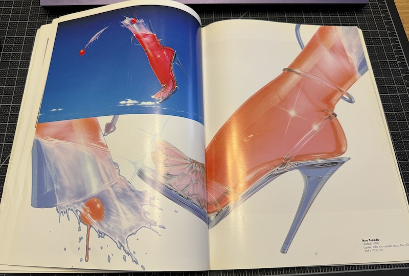 the book opened to a page of two illustrations by ikuo takeda from 1984 of a glass-like foot in a strappy clear glass pump and the leg is cocktail glass with a maraschino cherry splasying out of it.