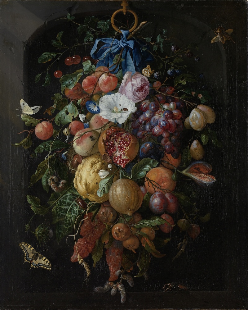 painting of a floral and fruit festoon that's very detailed and has all kinds of pretty bugs feeding on the fruit