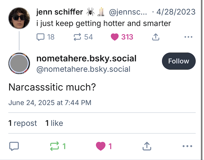 screenshot of a bluesky post of mine from april 2023 saying "i just keep getting hotter and smarter" and it has 54 reposts and 313 likes. then @nometahere.bsky.social replies in june of 2025 "Narcassitic much?" and the only engagement is me liking and reposting lol