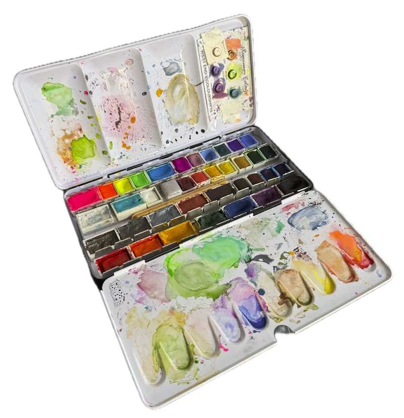transparent png of my watercolor metal palette full of watercolor pans
