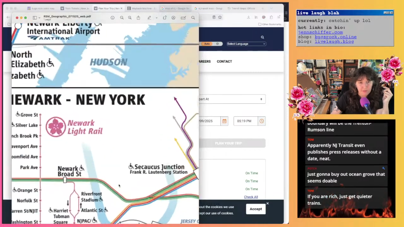 screenshot of my livestream where i'm walking folks through the nj transit commuter rail map and me and the chat are griping about disorganization and poor comms of nj transit