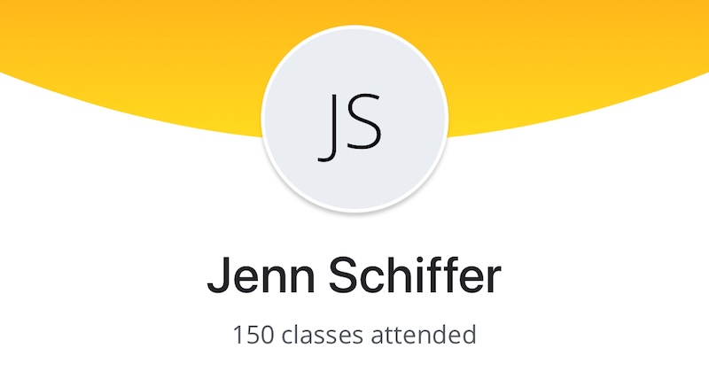 screenshot of my yoga studio app showing my name and that i've attended 150 classes