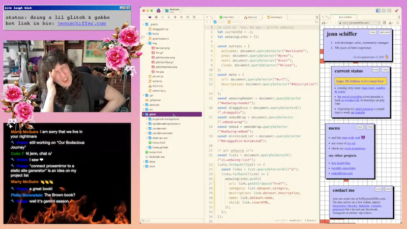 screenshot of a youtube stream where i'm thinking hard about something while i'm coding my personal site
