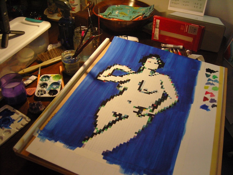 photo of the painting with a blue background pretty much finished