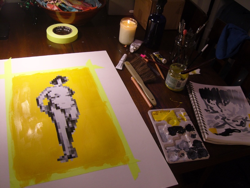photo of my painting finished, with the yellow background still drying