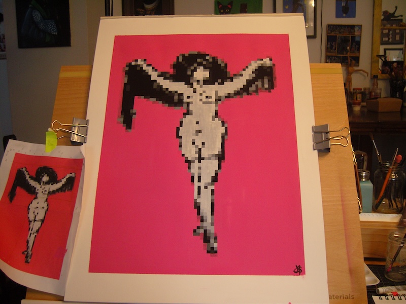 photo of the final painting, with the medium "cosmo" pink background painted