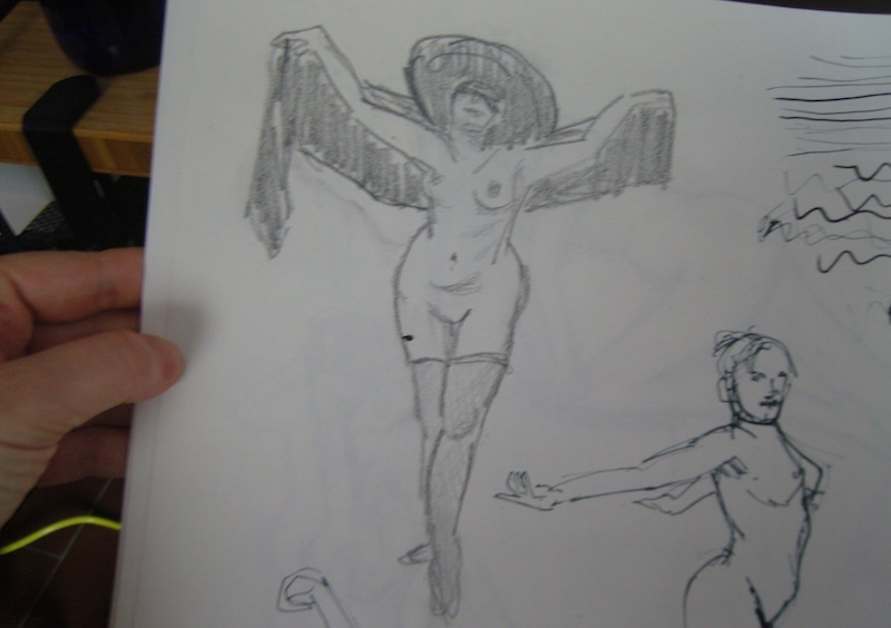 figure drawing sketch in pencil of a nude woman wearing a wide brimmed hat, with her arms up and two the sides holding up a long scarf. she's wearing fishnet stockings