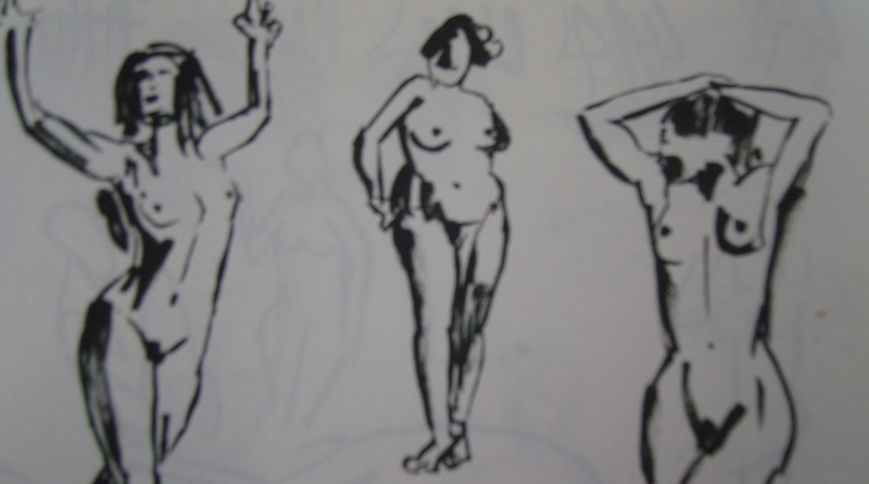 figure drawing sketch of a few nude figures in black ink. in the middle is the sketch i used of a mid-sized woman with onehttps://www.youtube.com/watch?v=MpYqt7oCXFs arm behind her back and the other arm softly rested on her hip