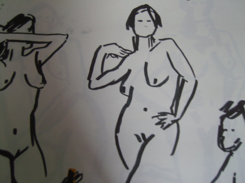 figure drawing sketch in black ink of a nude woman with one hand on her hip and the other bent with her hand touching her shoulder slightly