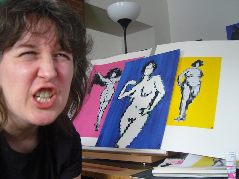 photo of me making a monster face in front of my three pixel art figure paintings on the easel behind me