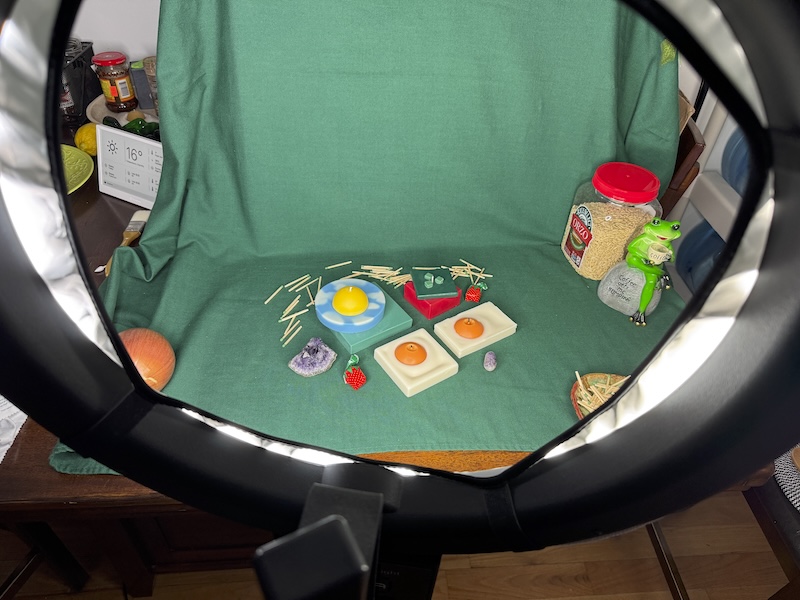 photo taken through a ring light of a green background setup where i am photographing my bugs rock core candle collection