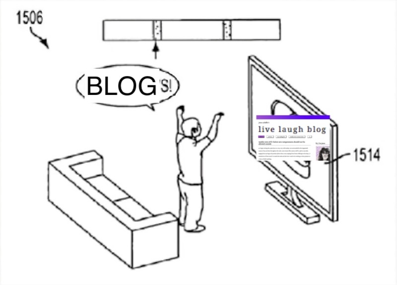 patent drawing of someone with arms outstretched shouting "mcdonald's" but i put "blog's" over it, and they are shouting it at a tv that had a burger commercial but i put a screenshot of this blog on the tv instead