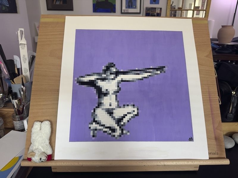 photo of a purple-background painting of a grayscale nude pixel figure i made, and the fiture is crouched down and pulling a band like the arrow without a bow