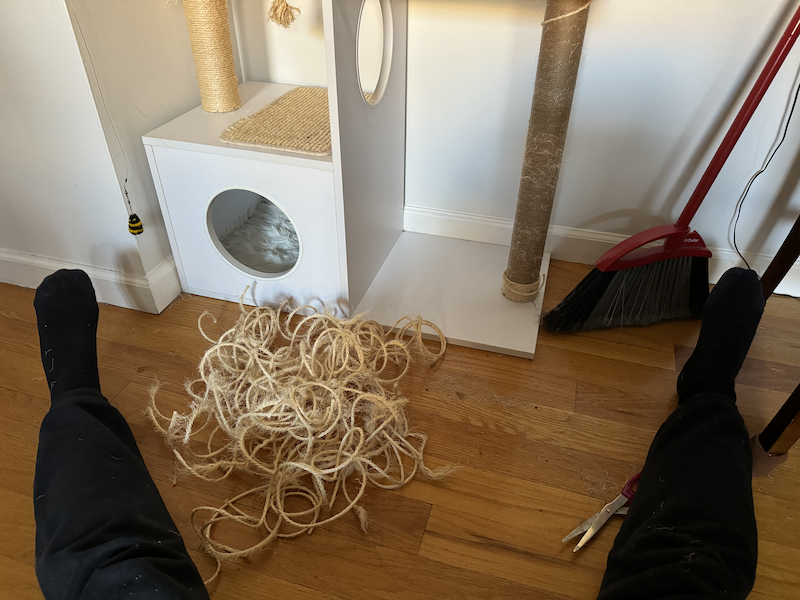 photo of the floor showing a pile of torn sisal rope, shreds of it all over my black sweats and socks, and one of the scratching posts is ropeless