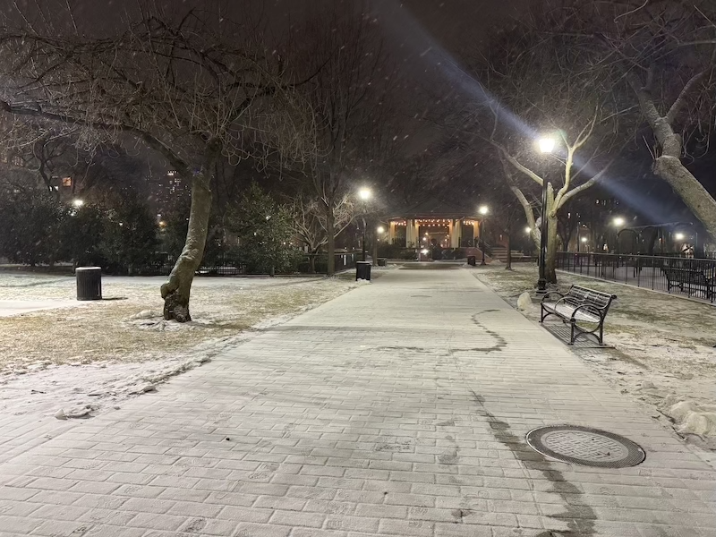 photo of a park lightly dusted with snow during night as the snow is still falling