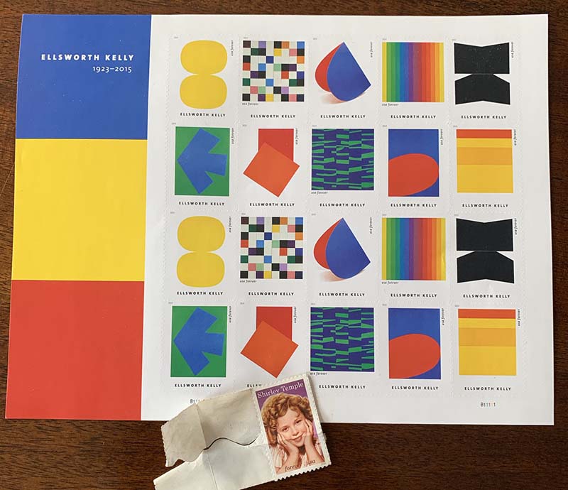 a sheet of ellsworth kelly stamps and a single shirley temple stamp