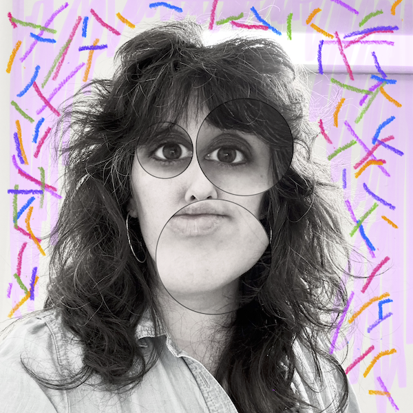 photo of me that i edited to make my eyes and mouth weird and i drew colorful confetti and a purple highlighted background behind me